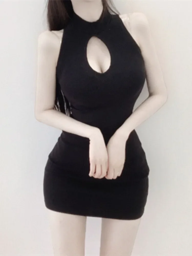 Korejepo Half High Collar Niche dresses Spicy Girl Hollowed Out Slim Sleeveless Vest Korean Sexy Black Buttocks Short Vestido