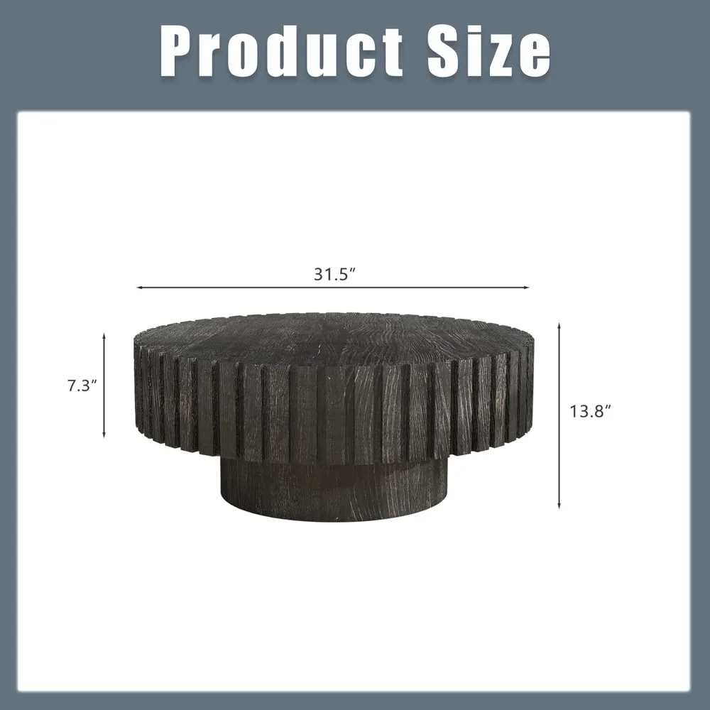 طاولة قهوة حديثة مخددة ريفية - طاولة مركزية بقاعدة خشبية مستديرة لغرفة المعيشة، مثالية للشقق والمعاصرة
