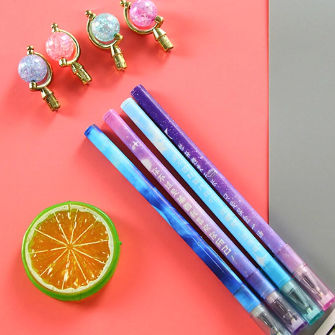 5 Random Cute Starry Sky Gel Pens, Planet Crystal Decorated 0.5mm Black Ink Pens, Suitable for School Office and Student Gifts