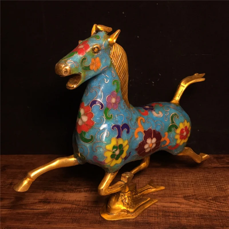 Supply Antique Old Crafts Brass Red Yellow Blue Multicolor Horse Stepping on a Flying Swallow Cloisonne Ornaments Antique Wholes