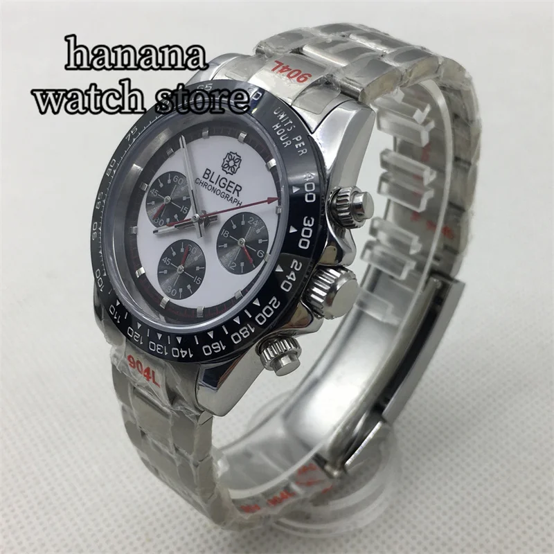 39mm VK63 Quartz Watch Men's White dial Silver case Black bezel Sapphire Glass Sports Chronograph Stainless Steel Oysterbracelet