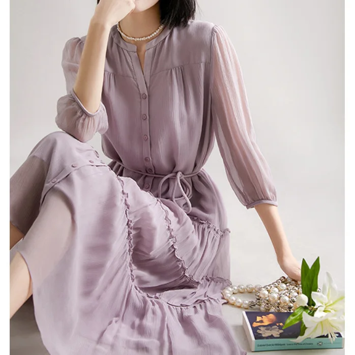 100% Mulberry Silk Women's Dresses High Quality Dresses V-Neck Women Clothing Elegant Summer Dress New 2024 Vestidos Mujer