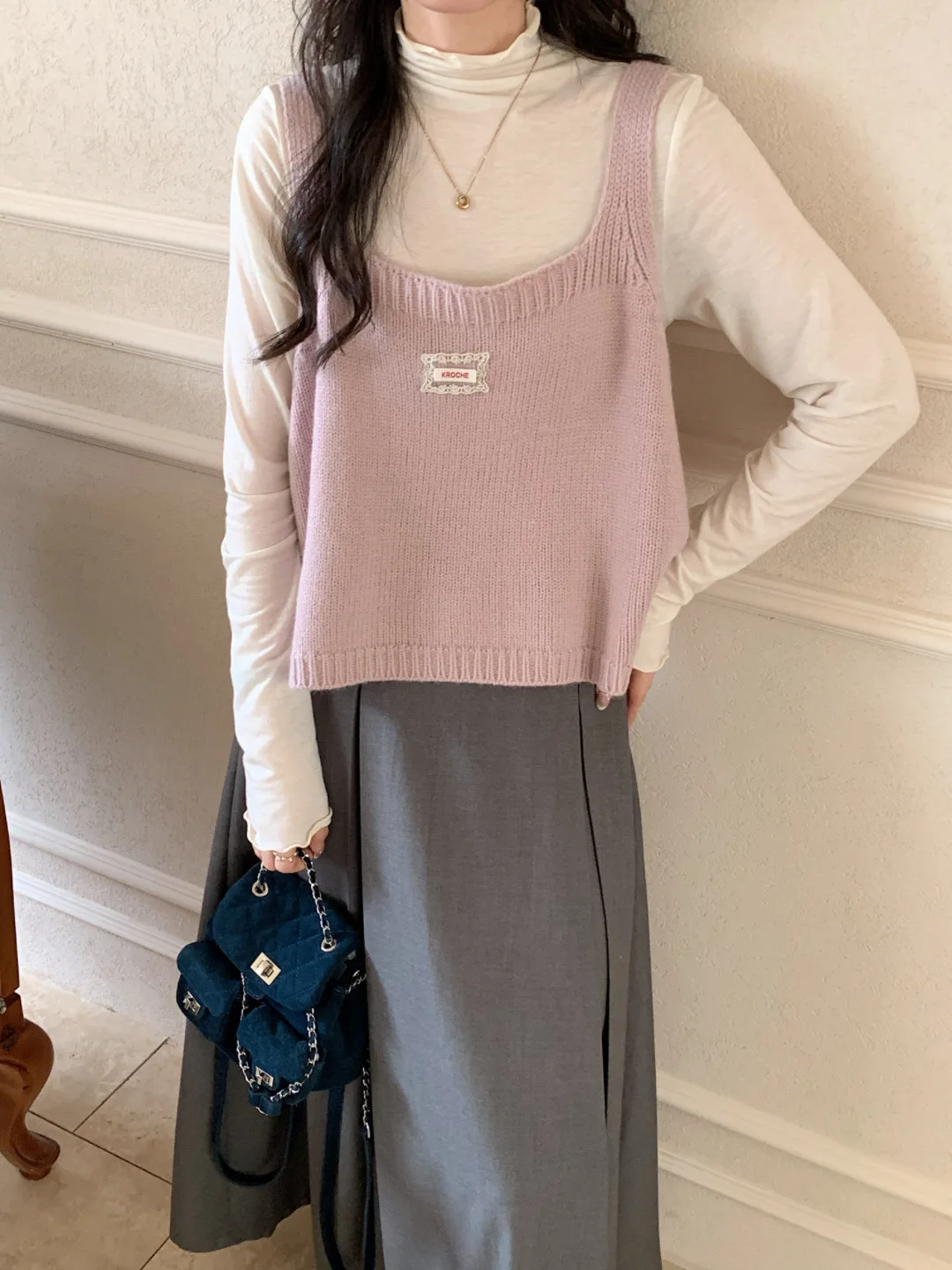 

Eurazlan корейский розовый свитер с квадратным воротником, жилет, женский свободный многослойный вязаный жилет, осеннее новое поступление