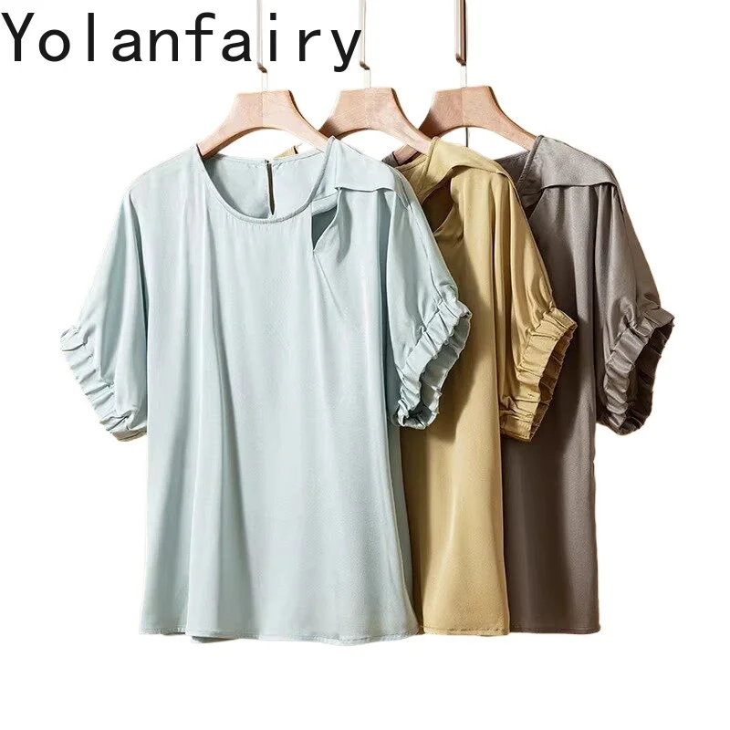 YOLANFAIRY 93%Real Mulberry Silk T Shirts for Women New Summer 2026 Short Sleeve Satin Tops Elegant Blouse Woman Tee Shirt Femme