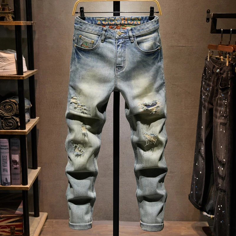 

Мужские джинсы Y2K в уличном стиле, ретро, синие, стрейч, слим-фит, рваные, с вышивкой и нашивками, винтажные джинсовые брюки
