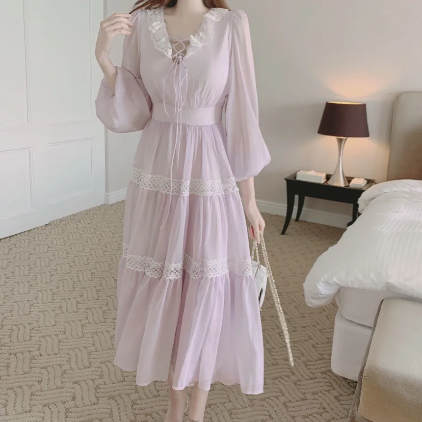 

2023 Summer Gentle V Neck Lace Fairy Long Dress Elegant Women Daily Casual Pretty Office Purple Long Sleeve Chiffon Dress Korean