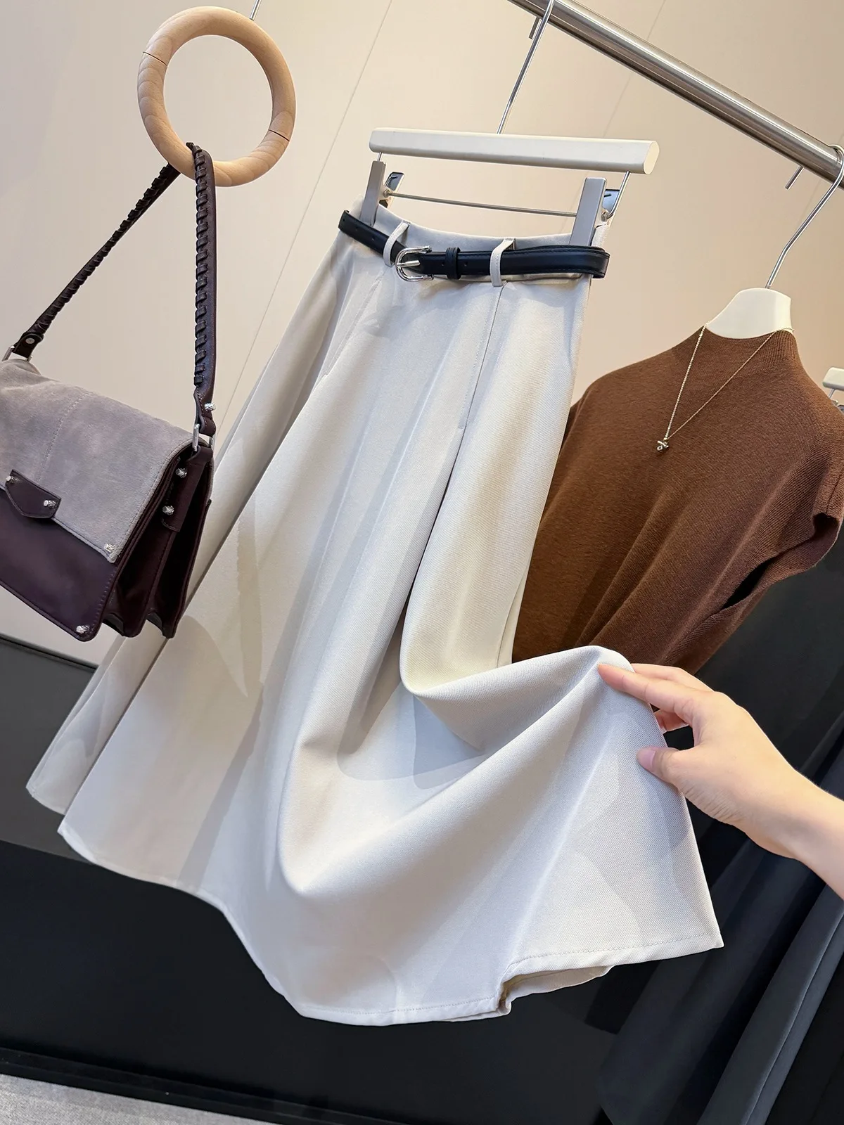 Women Elegant Beige Solid A‑line Midi Skirt High Waist With Metal Buckle Belt Flared Swing Skirt Vintage Office Commuter Bottom