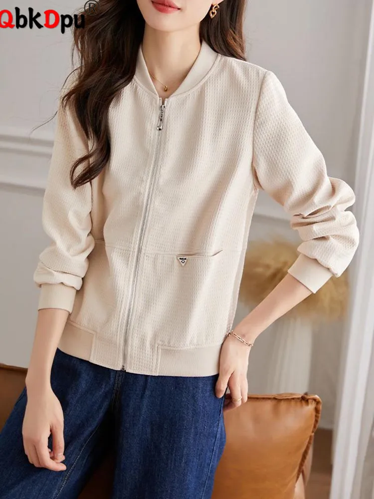 Women Beige Zipper Jackets Tops Korean Casual Long Sleeve Solid Coats Blusas Spring Fall Loose Abrigos Classic New Outerwears