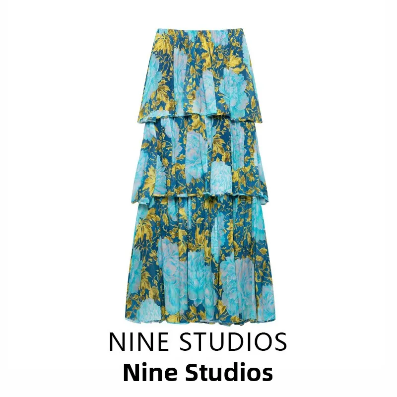 Vestido Longo E de Cintura Alta com Estampa Sexy de Ombro Descoberto, Estilo Vintage, Saia em Camadas, Manga Curta e F...