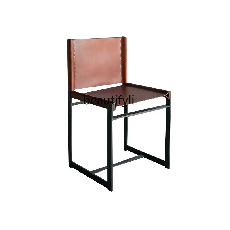 

Italian Saddle Leather Dining Chair Orange Small Apartment Light Luxury Household Stainless Steel Silent Wind Study Chair