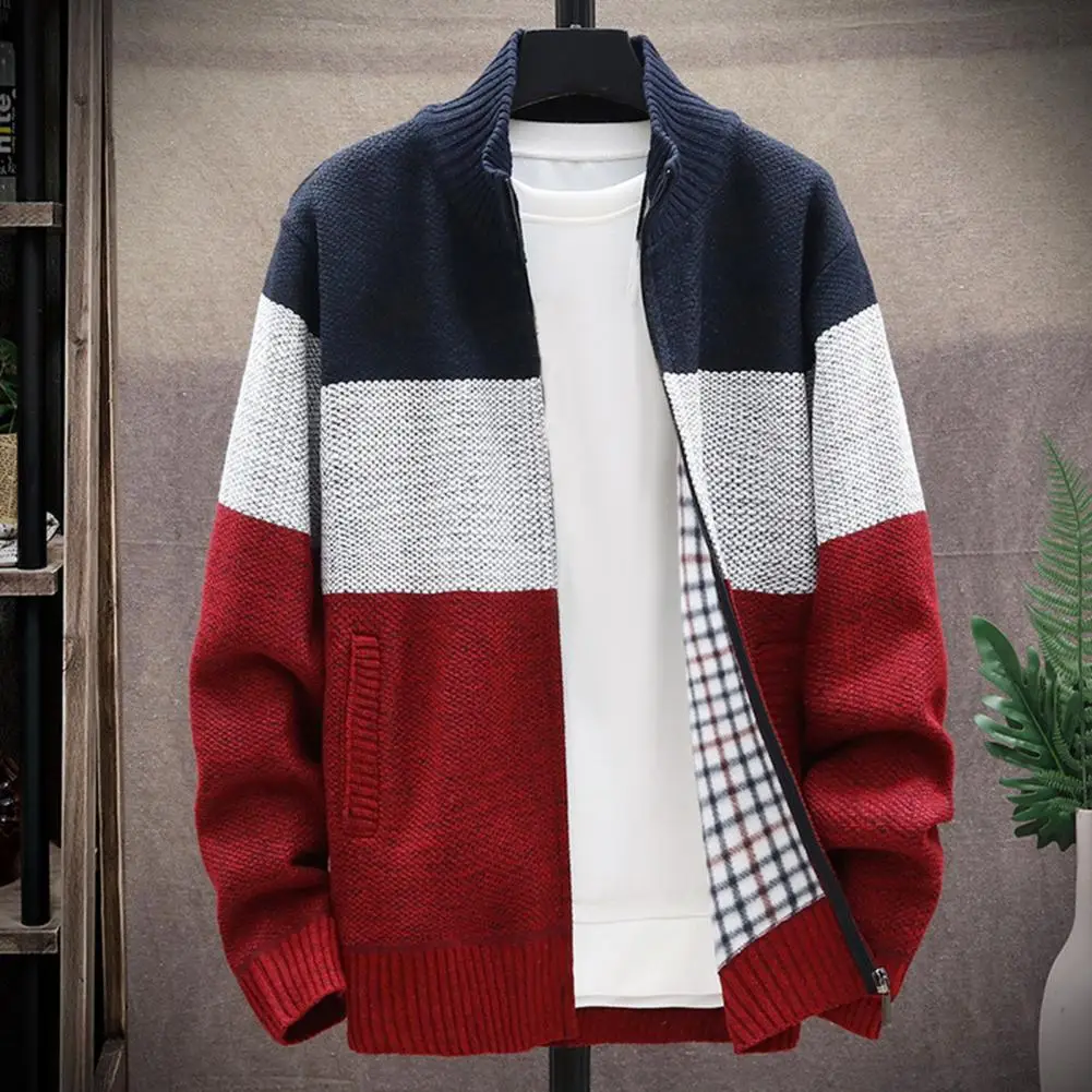 Men's Autumn/winter Sweater Coat Stand Collar Thick Plush Knit Stretch Zipper Long Sleeve Pocket Casual Jacket