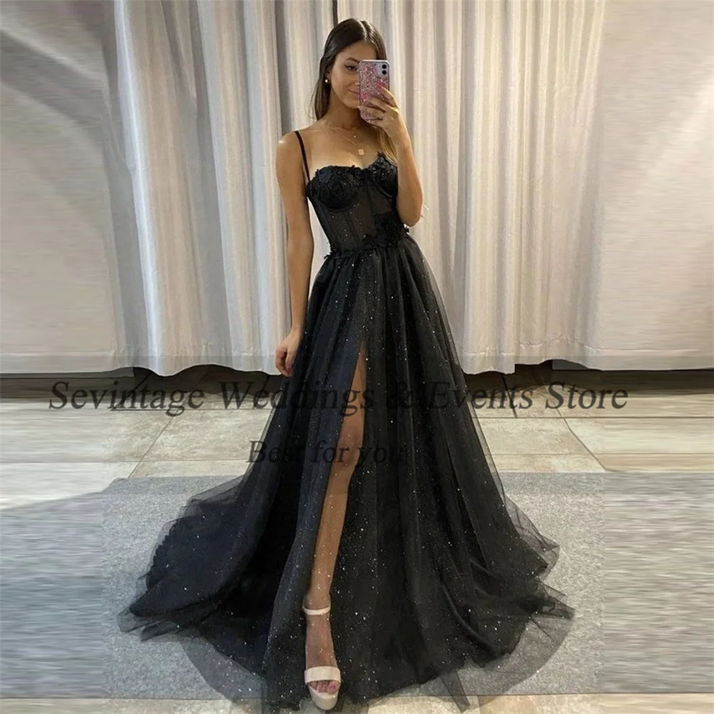 Sevintage Elegant Black A-Line Evening Dresses Spaghetti Strap Fitted Bones Pleat Ruched High Slit Floor Length Prom Gown 2024