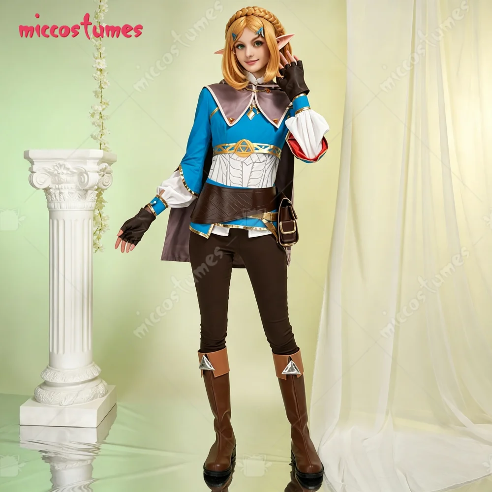【Versandfertig】Miccostumes Prinzessinnen-Cosplay-Kostüm für Damen für Halloween, blauer Mantel, Hemd mit Hose und Umhang