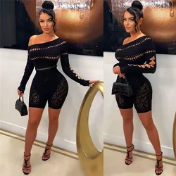 Thick Hollow Out Knitted Women Rompers Jumpsuit Sexy Slash Neck Off Shoulder Long Sleeve Lace Crochet See Through Club Playsuits