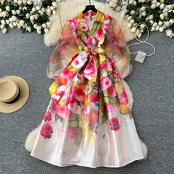 Gorgeous Flower Print Bandage Lace Up Wrap Dress Women Cross V Neck Lantern Sleeve Mesh Patchwork Thick Satin Long Party Vestido