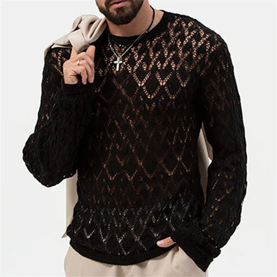 Men Knitted Pullover Long Sleeve Thin Clothing Casual Slim Hollow Out Black Sweater Male Round Neck Breathable Solid Knit Tops