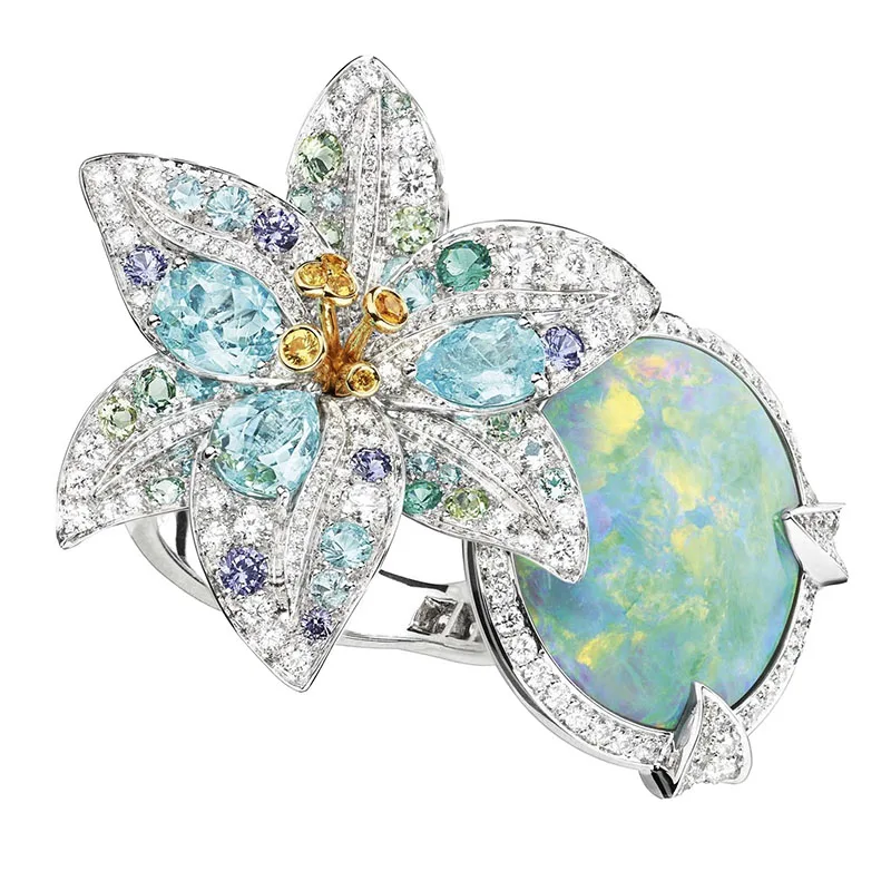 Classic Ladies Fashion Colorful Flower Opal White Zirconia Crystal Female Alloy Ring for Women Party Jewelry Accessories