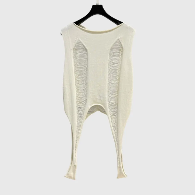 HKSH Women Tank Top Trend Solid Color Hollow Out Irregular Knitted Niche Design Sheer Sexy Sleeveless Streetwear Ins Vest HK8206