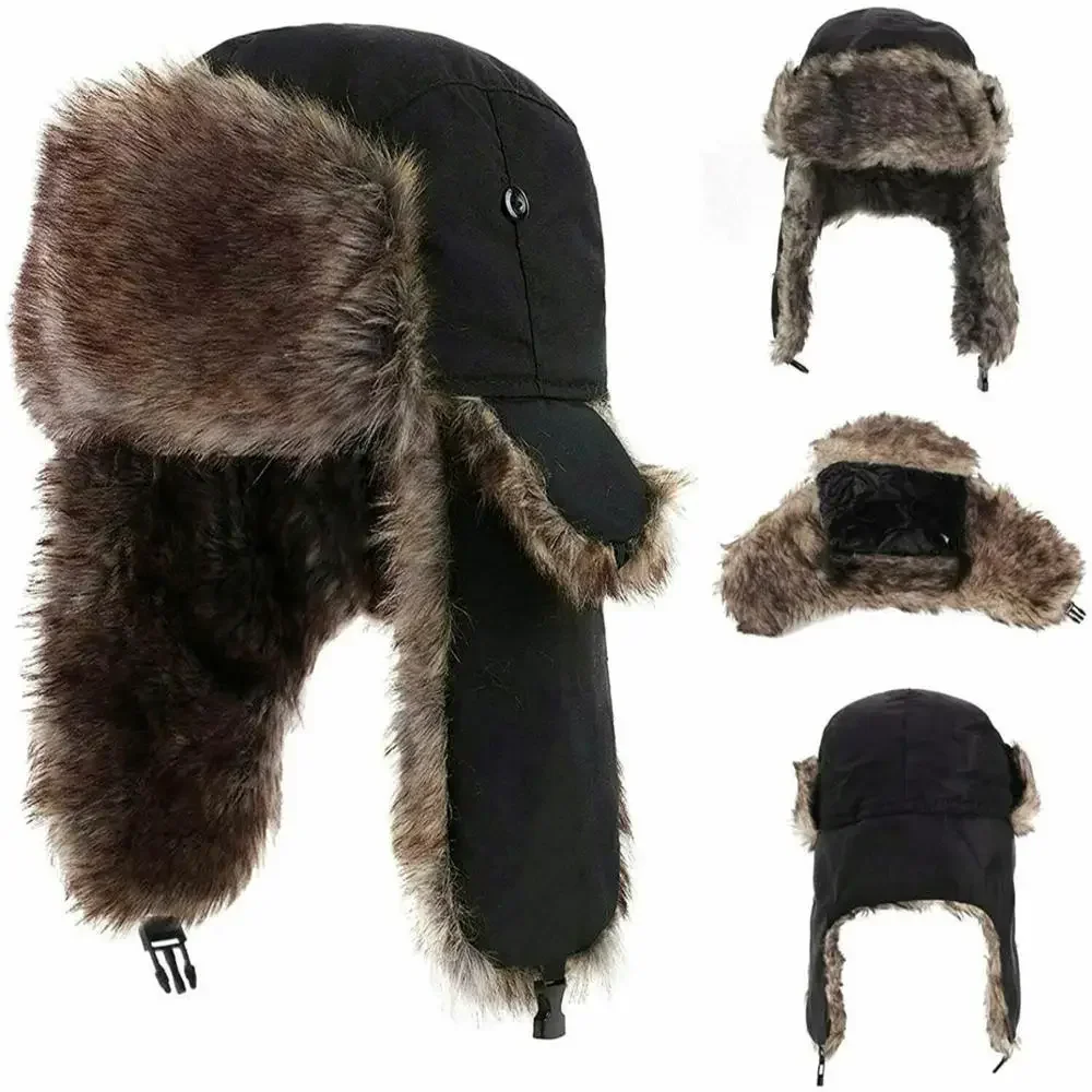 Men\'s Winter Trapper Aviator Trooper Earflap Warm Russian Waterproof Ski Hat Bomber Cap Russian Warm Ear Protectors Hats