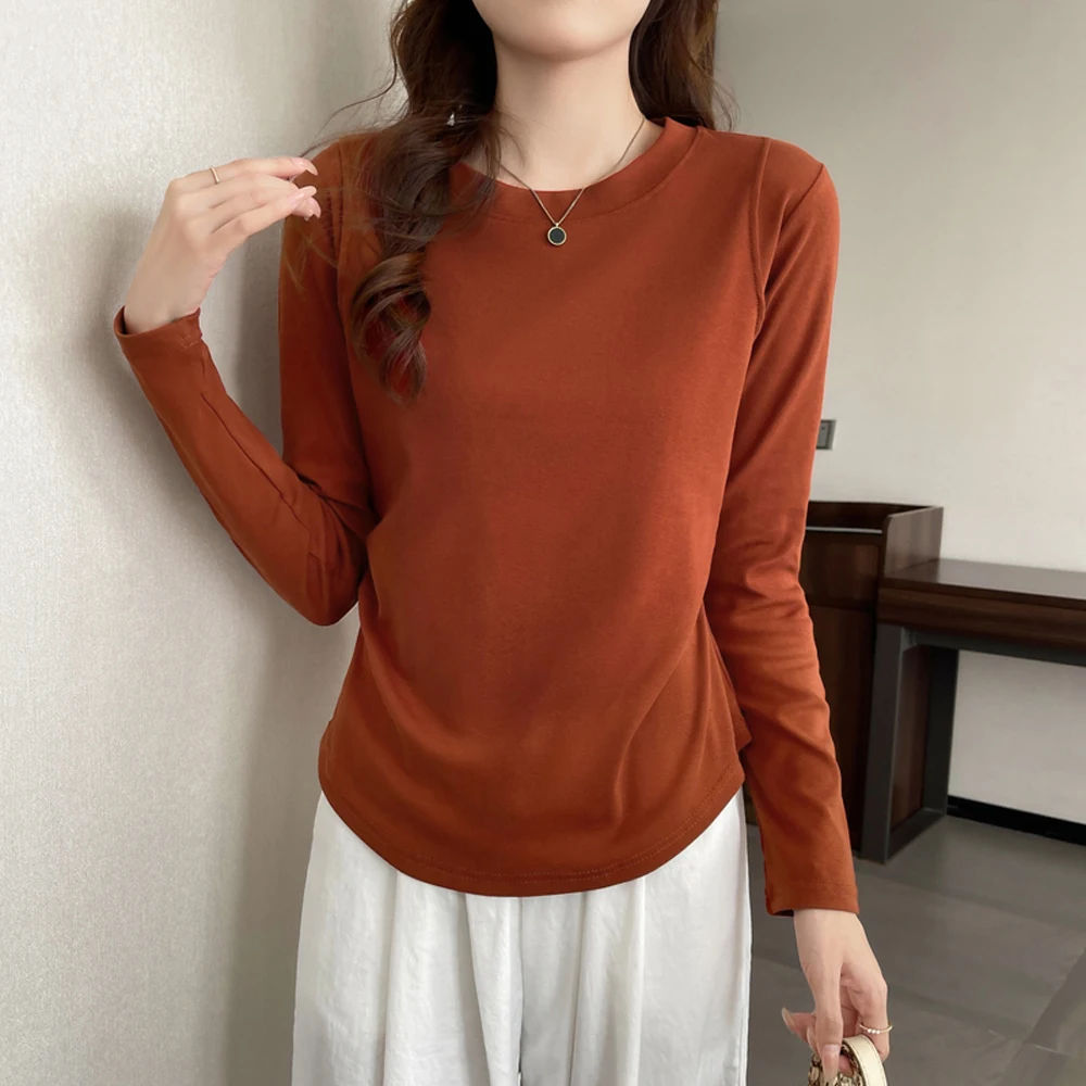 

Корейский стиль, футболка с длинными рукавами, женская осенняя новинка, высококачественный хлопковый модный повседневный топ больших размеров со складками и изогнутым краем