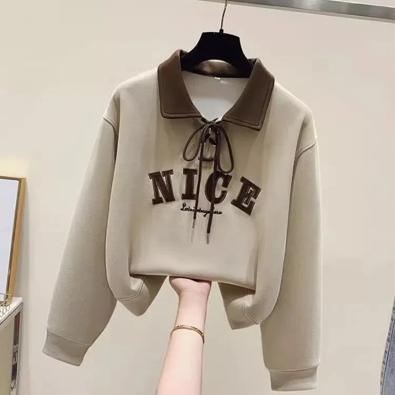 New Korean Version Letter Embroidered Long Sleeved Sweatshirt for Women Loose and Casual Versatile Niche Design Sense Top