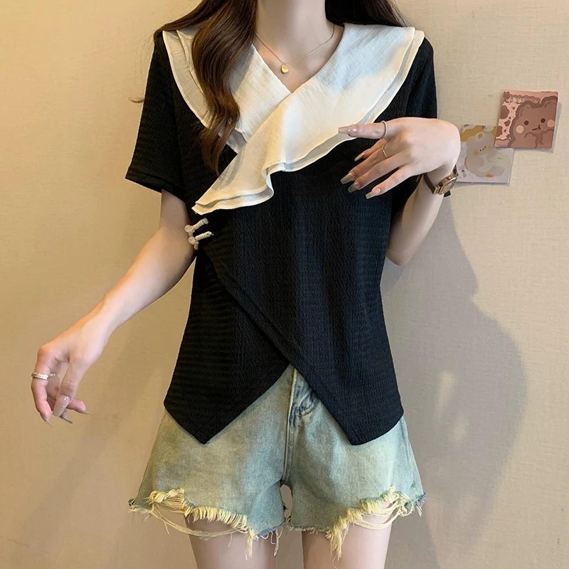 Women Chiffon Blouse Summer V Neck Ruffles Short Sleeve Shirt Thin Green Black Large Size Buttons Irregular Loose Korea T-Shirt