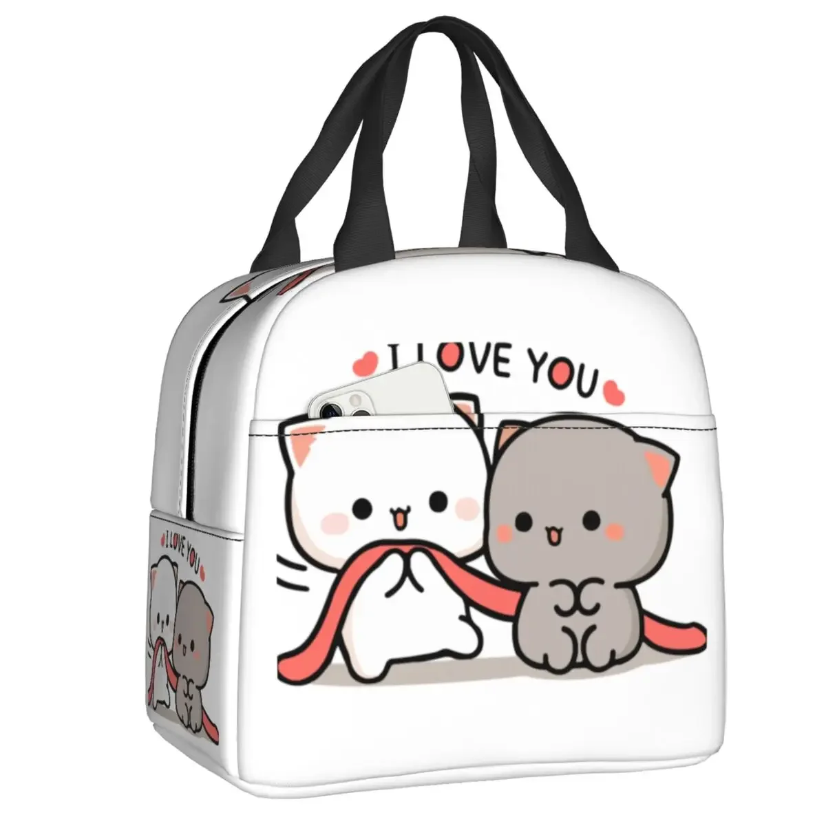 

Custom Cat Peach And Goma I Love You Portable Lunch Boxes for Women Waterproof Bubu Dudu Cooler Thermal Food Insulated Lunch Bag