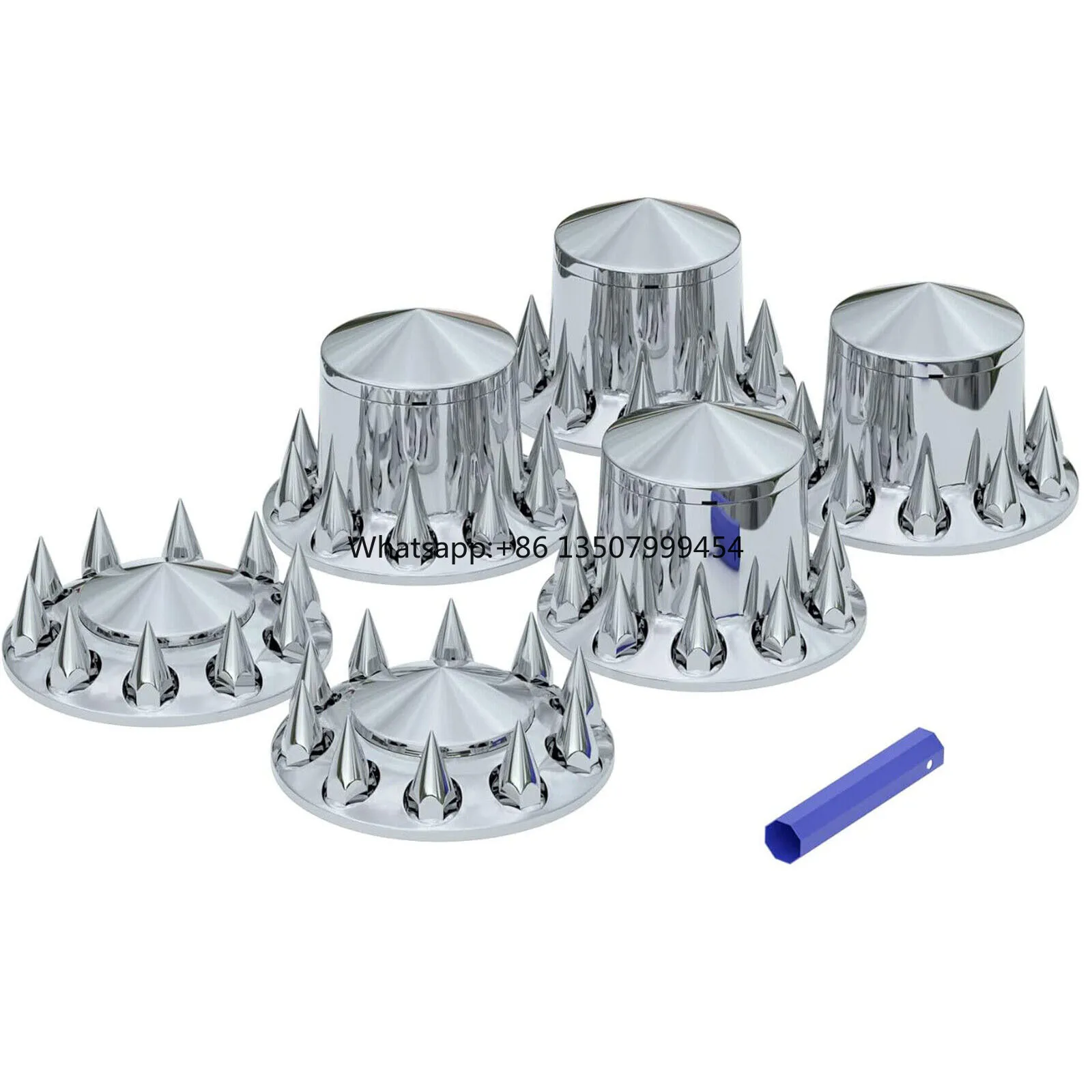 

PINOMETAL Custom Chrome Removable Hub Caps Cover Kit 33mm Front Rear Semi Truck Wheel Axle Covers Spiked