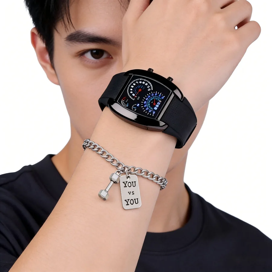Men's Sports Wristwatch with Bracelet LED Dashboard Dial Design Electronic Watch Creative Digital Watch Clock for Man Male Teens
