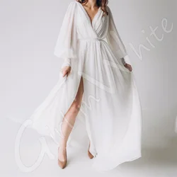 Sexy V-neck Chiffon Wedding Dresses Full Sleeves Bridal Robes A Line Bride Gown With High Slit Vestido De Noiva customized