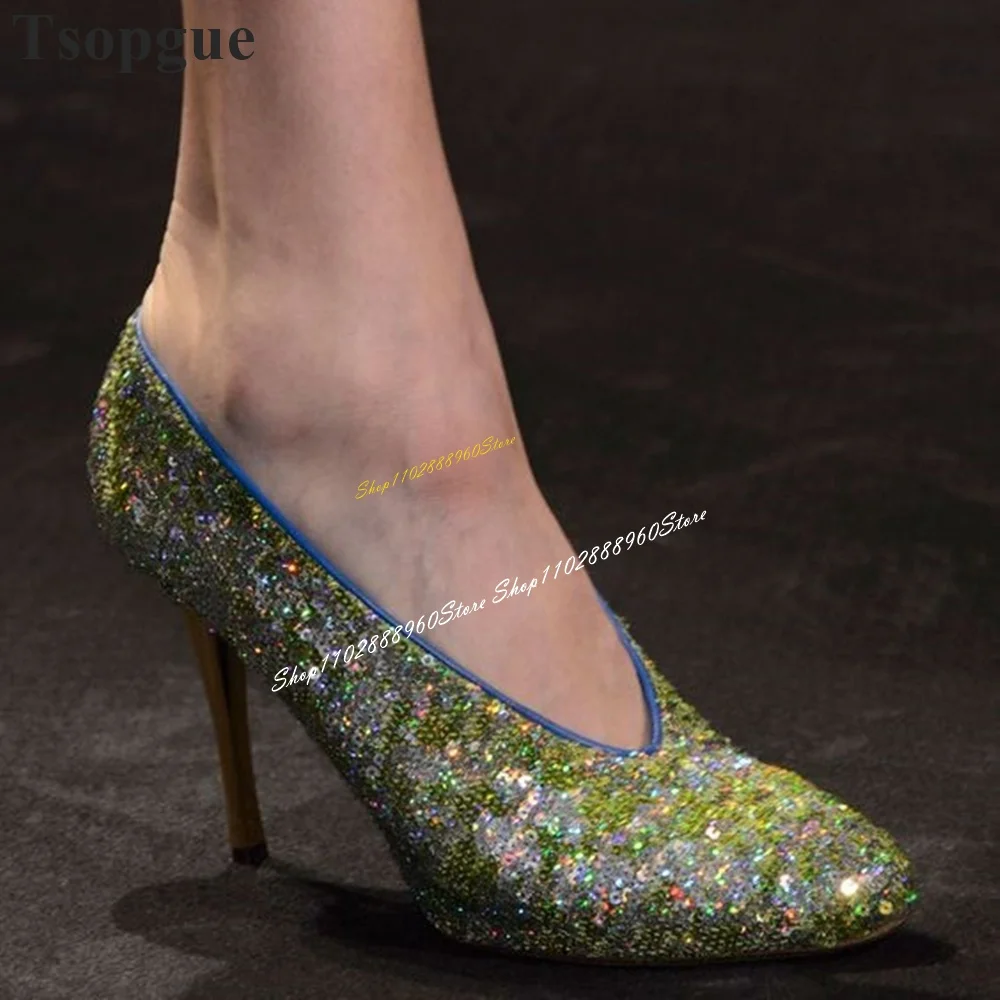 

Sparkling Green Sequins Decoration Pumps Thin High Heel Women Shoes Slip On Pointed Toe 2024 Fashionable Zapatos Para Mujere