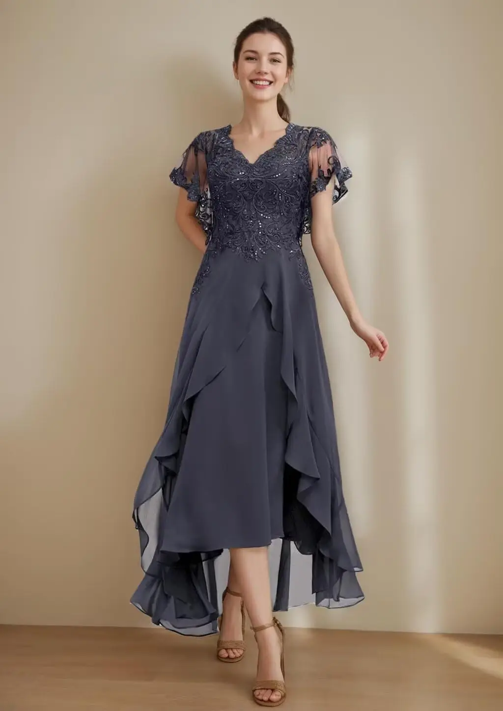 فستان شيفون مطوي بأكمام كشكشة للنساء ، فستان حفلة مسائية رسمي ، فساتين زفاف ، أم العروس ، زينة دانتيل