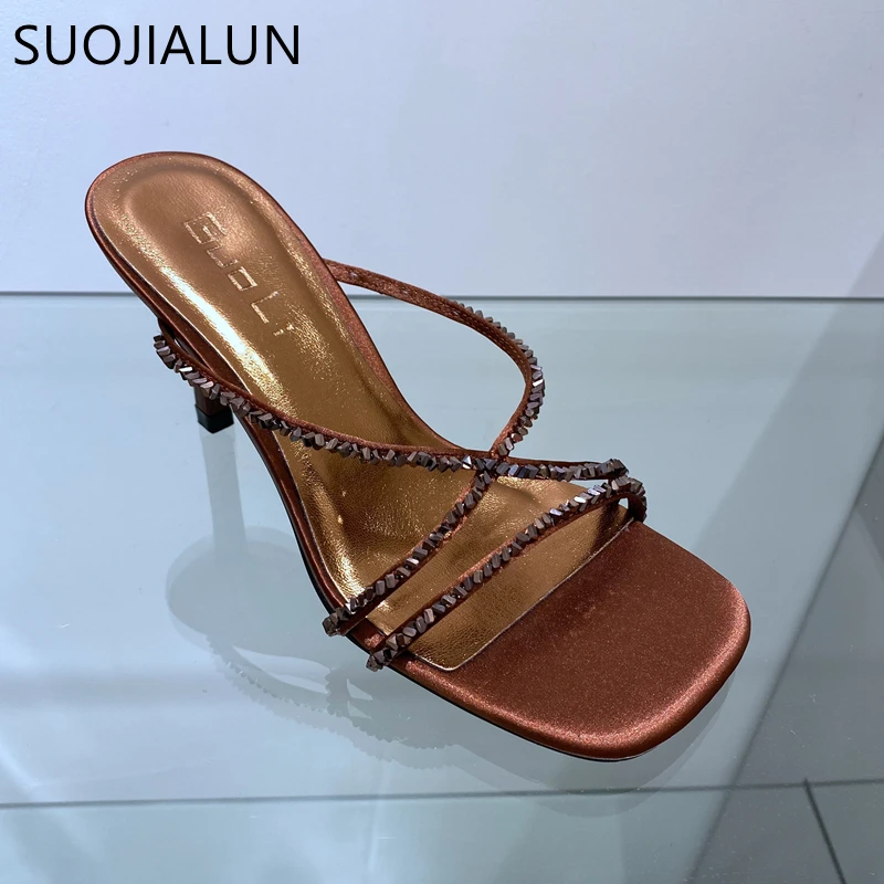 SUOJIALUN 2022 New Brand Women Slipper Fashion Carystal Narrow Band Ladies Sandal Round Toe Thin High Heel Elegant Slides Shoes