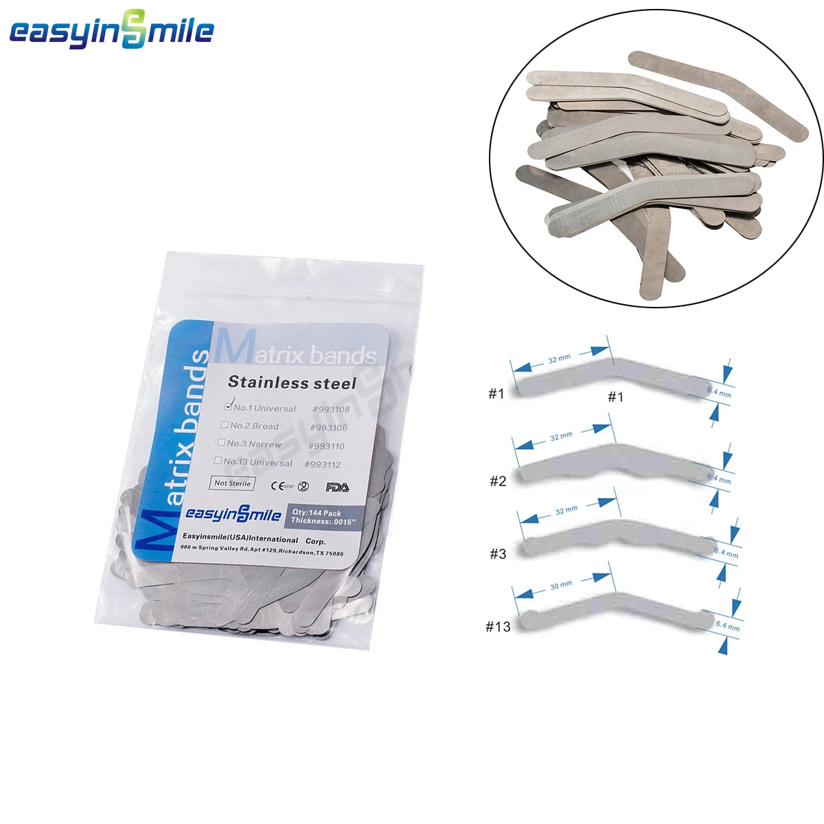 

144pc/Bag Dental tofflemire matrix bands 0.04mm stainless steel universal bands.0015 inch regular Broad Narrow #1/#2/#3/#4