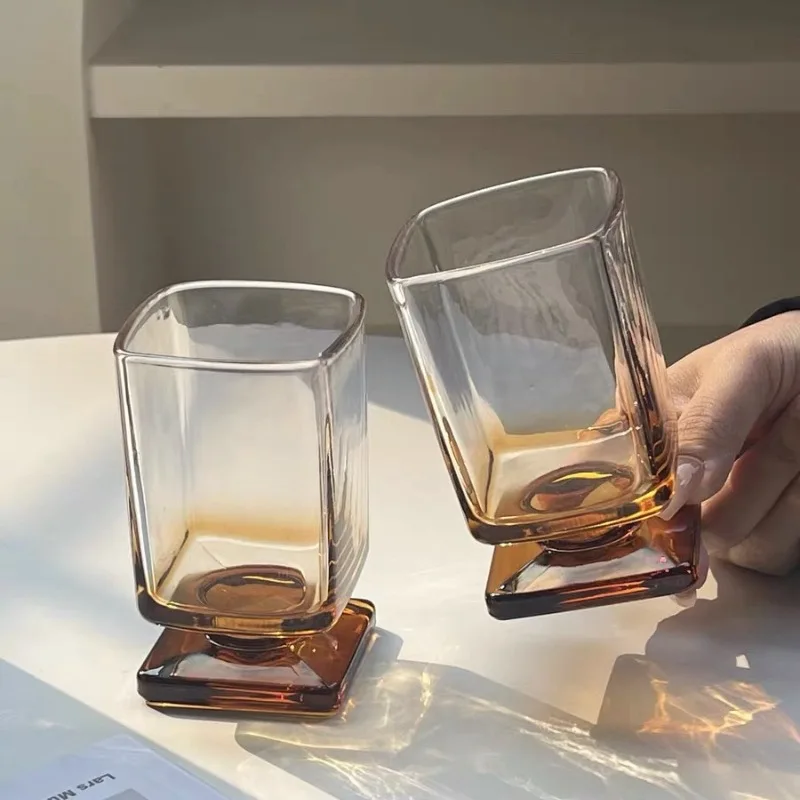 Vintage Style Juice Glass Bubble Glass Whiskey Glass Retro Colored Square Unique Maillard Colored Low Footed Glass Cup