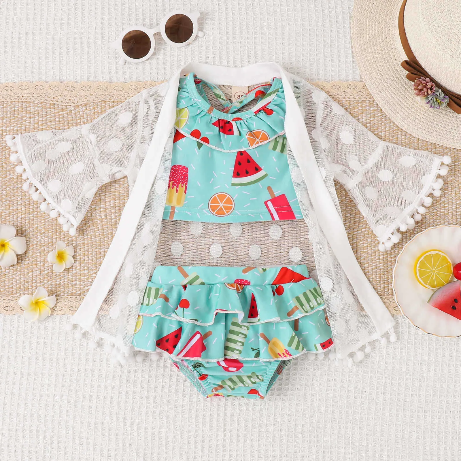 

18 Month Girls Swimsuit Toddler Girls Sleeveless Fruit Printing Tops Shorts And Lace Coats Beach Toddler Girl Bikini Swimsuit