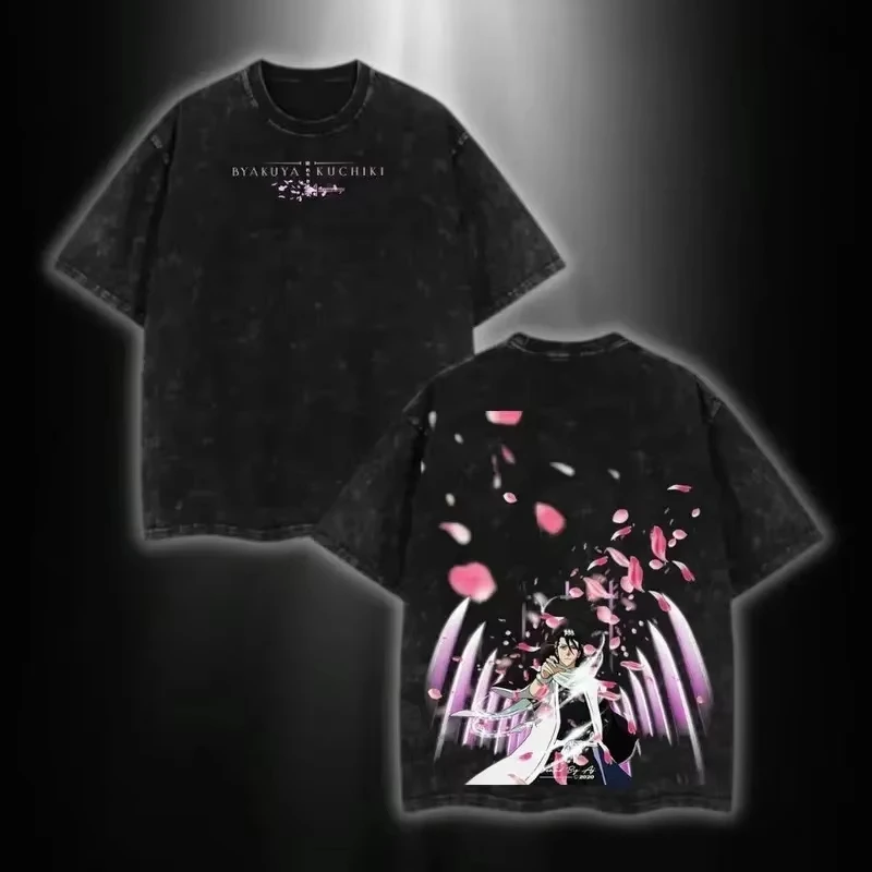 Hot-blooded Anime BLEACH Aizen Sousuke Graphic Print T-shirt Men Women Loose Casual Oversized Vintage Washed O-neck Cotton Top