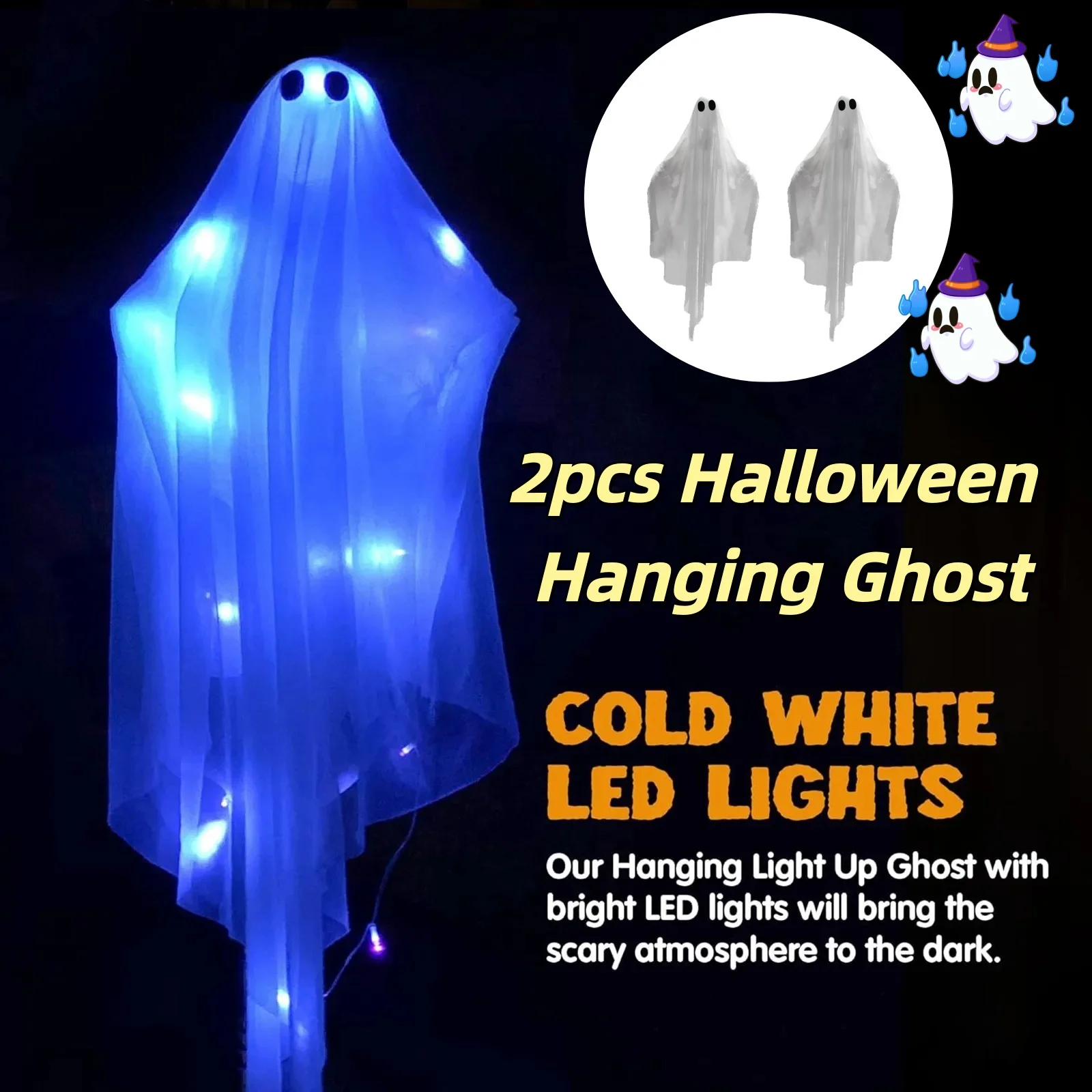 

Halloween Terror Decoration - 2pcs Spooky Hanging Ghost,White Ghost Colorful LED Light-Up Pendant Ghost Outdoor Scary Decoration