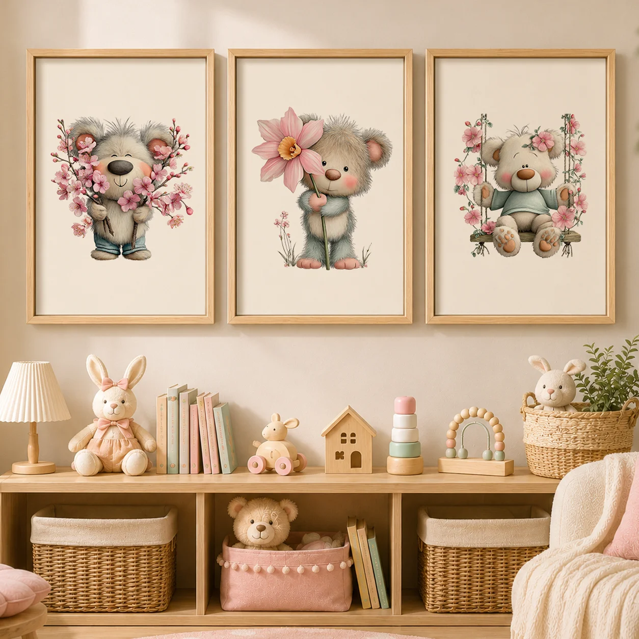 Nursery Plant Flower Wall Art, Cute Teddy bear Canvas Painting, Minimalist Blossom Poster Print for Kids Bedroom Decor
