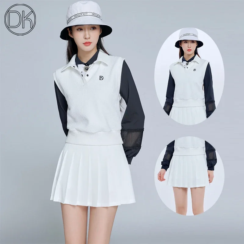 DK Golf Women's New Sleeveless Vest Slim Fit Polo Tops Warm Waistcoat Lady Pleated Short Skirt High Waist Casual Golf Skorts