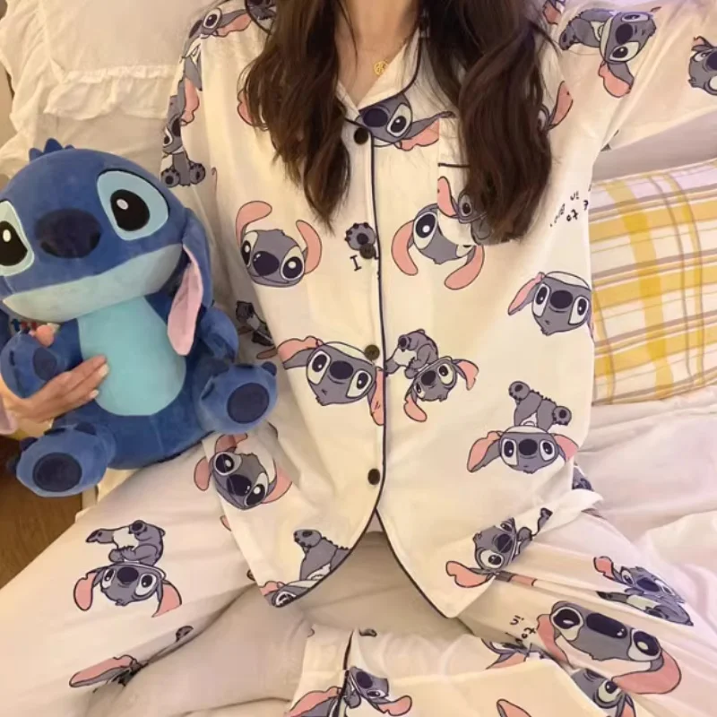 Cartoon Stitch Women Pure Cotton Spring And Autumn Long Sleeve Long Pants Home Clothes Two Piece Set  Practical Girl Gift