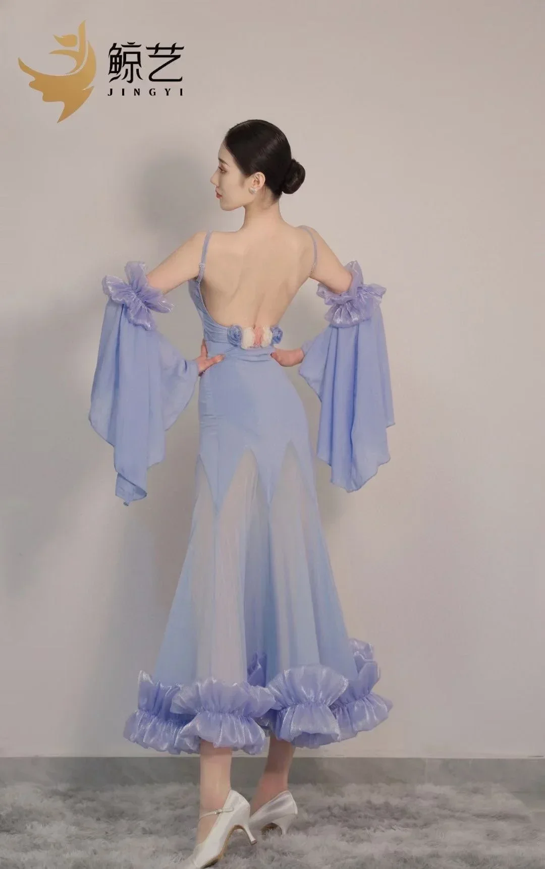 

Socialized dance modern dance suspender floral decoration blue one-piece lace skirt long two-piece set