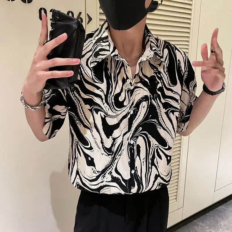 Summer New Ice Silk Flower High Street Shirt Tops Men's Short Sleeve Plus Size Printing Fashion Blouse Trend Vintage Men Clothes