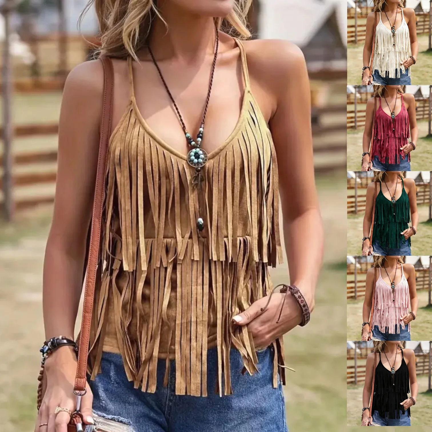 Women Boho Tassel Cami Top Faux Suede V Neck Sleeveless Fringe Tank Top Western Cowgirl Vestidos