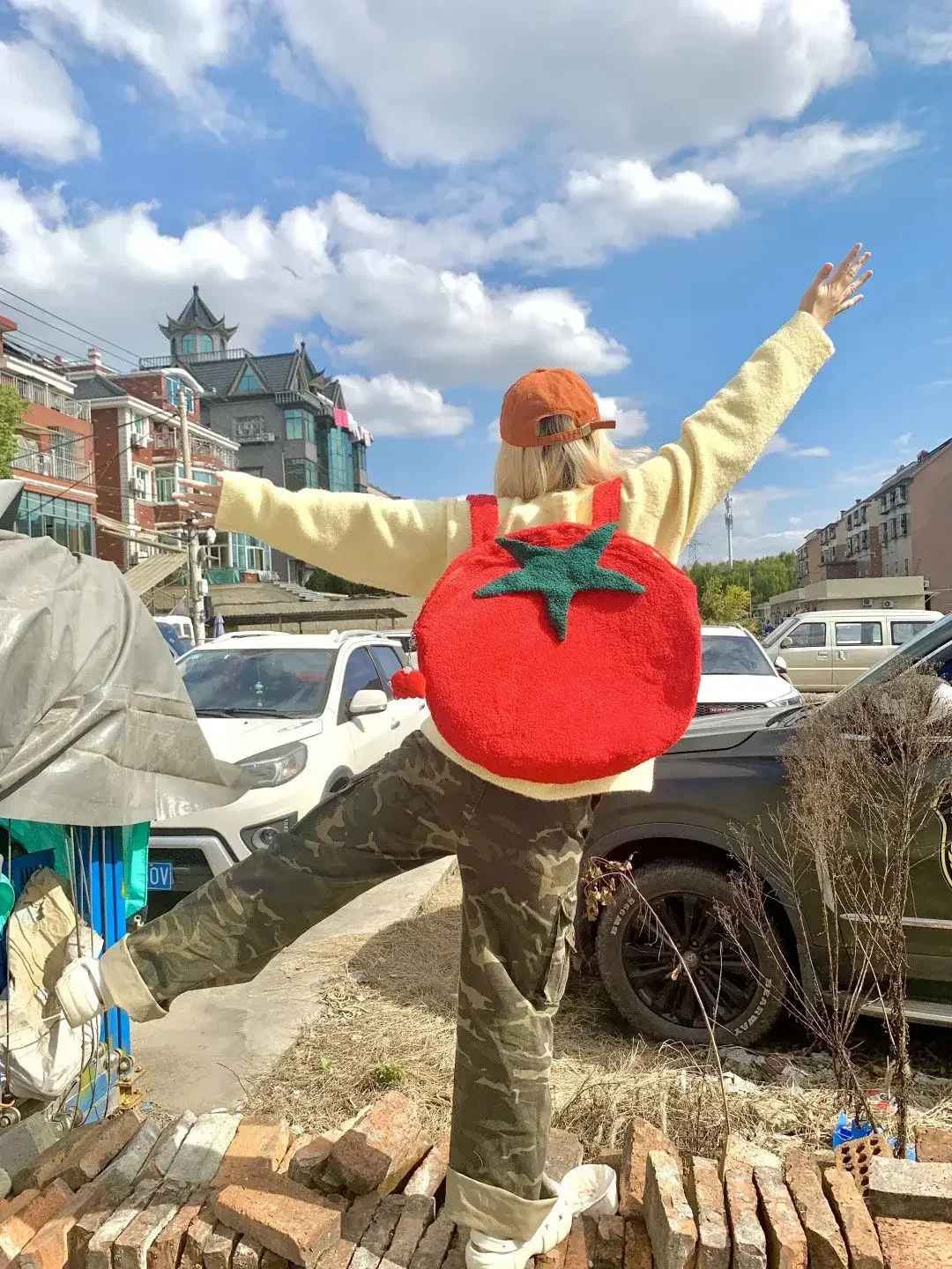 Backpack Tomato Shaped Fashion Sweet Street Style Korean Furry High-Capacity Backpack Unisex