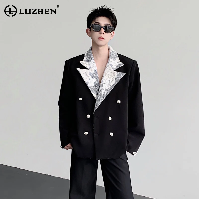 

LUZHEN Autumn Original Lace Patchwork Design Embroidery Pattern Blazer Coat Men's Double Breasted Backless Split Jacket JY4067