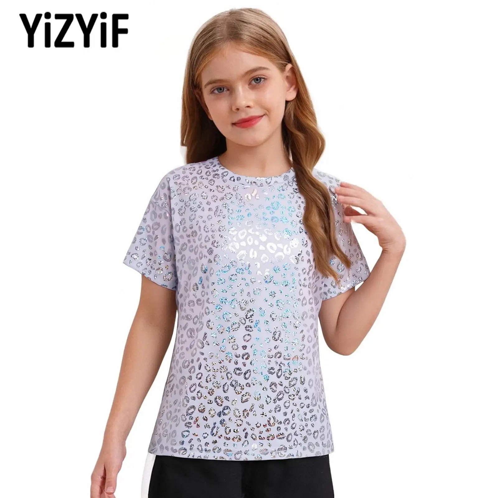 

Children's Stylish Metallic Leopard Print T-shirt Short Sleeve Top Girls Birthday Party Festival School Show Performance Costume