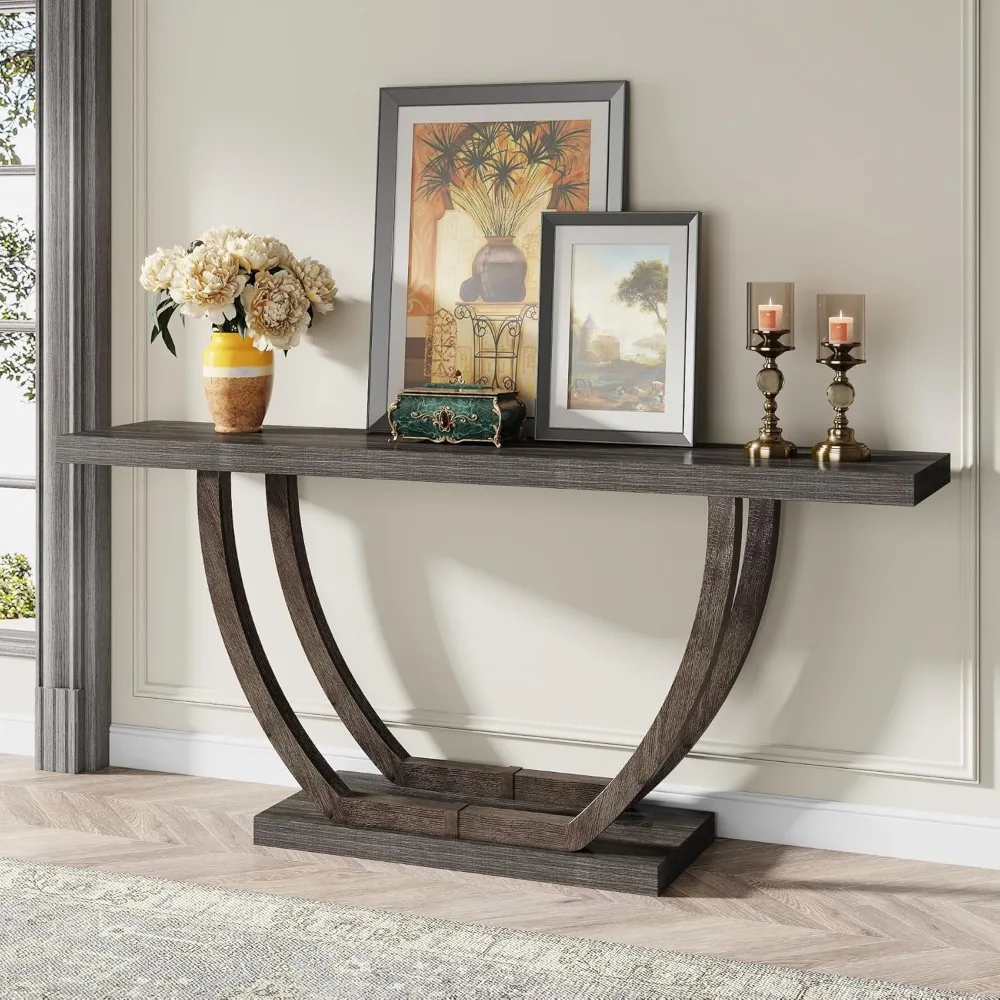 

63-Inch Wood Console Table with Geometric Metal Base, 2-Tier Farmhouse Sofa Table Narrow Long, Thickened Behind Couch Table wit