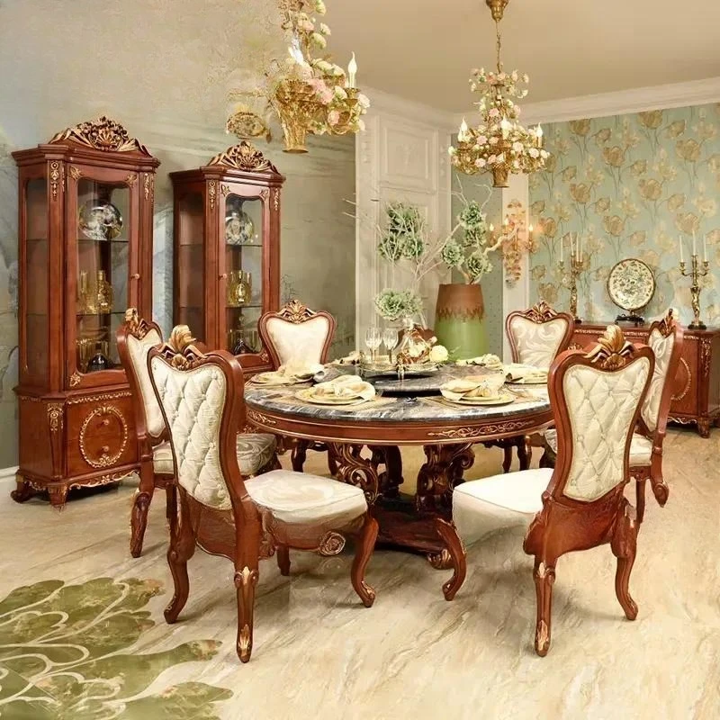 American European Style Solid Wood Dining Table and Chair Set Oval Marble Top French Royal Court Inspired Elegant Home