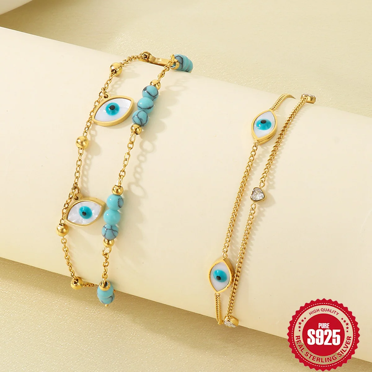 

Sterling silver fashion anklet double-layered devil eye shape, suitable for daily wear, a gift for girlfriend